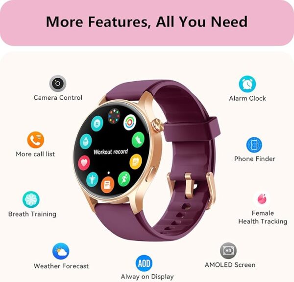 aeac Smart Watch for Women, AMOLED Ultra-Clear Screen Activity Trackers with Heart Rate/Sleep/SpO2 Monitor, Smartwatch for iPhone/Samsung/Android, 110+ Sport Modes Waterproof
